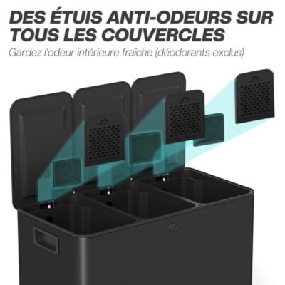 Poubelle manuelle tri selectif 3 bacs capacité totale 45L acier inox. brossé
