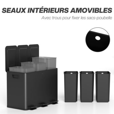 Poubelle manuelle tri selectif 3 bacs capacité totale 45L acier inox. brossé