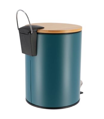 Poubelle à pédale 3L  en métal Vert impérial avec couvercle en Bambou