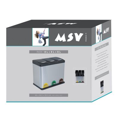 Poubelle à  pédale Tri sélectif Inox 3 bacs 8Lx3 MSV