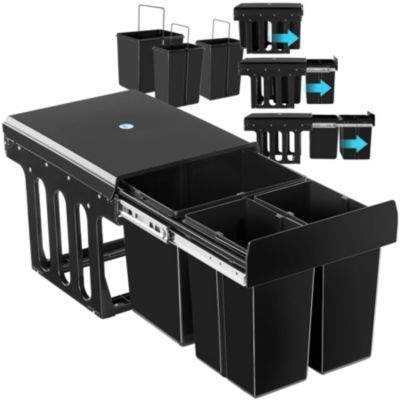 Poubelle tri 3 bacs noir plastique montage facile placards 40cm avec rails 35x48x35cm