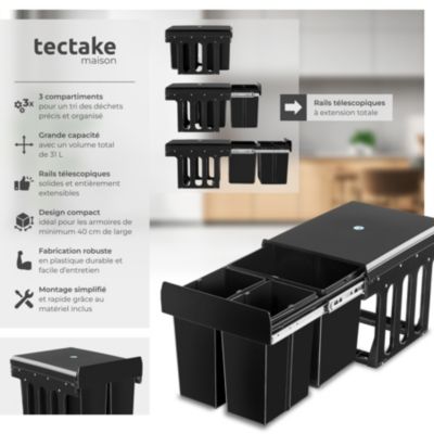Poubelle tri 3 bacs noir plastique montage facile placards 40cm avec rails 35x48x35cm