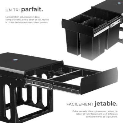 Poubelle tri 3 bacs noir plastique montage facile placards 40cm avec rails 35x48x35cm