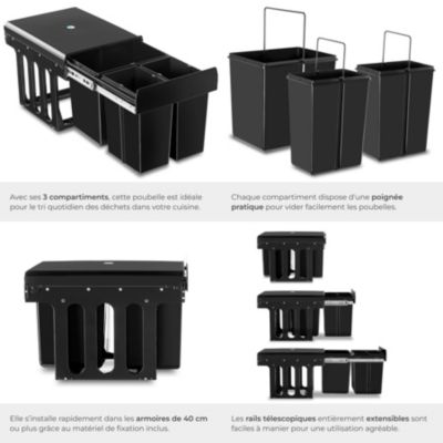 Poubelle tri 3 bacs noir plastique montage facile placards 40cm avec rails 35x48x35cm