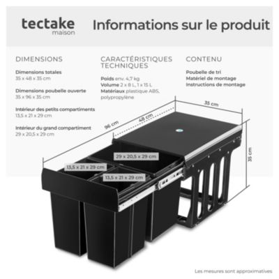 Poubelle tri 3 bacs noir plastique montage facile placards 40cm avec rails 35x48x35cm