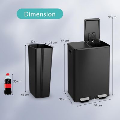 Poubelle Tri 60L Poubelle à Domicile avec 2 Compartiments 30L avec Ouverture Fermeture Douce Noir