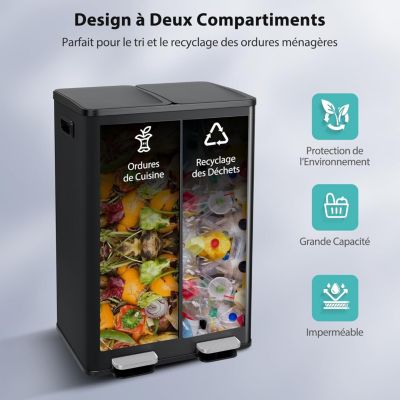 Poubelle Tri 60L Poubelle à Domicile avec 2 Compartiments 30L avec Ouverture Fermeture Douce Noir