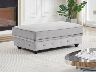 Pouf coffre de rangement en velours gris clair CHESTERFIELD
