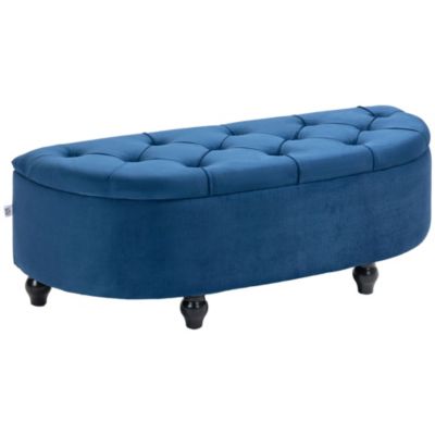 Pouf de rangement coffre 2 en 1 - design classique chic capitonné demi-cercle - pieds bois noir revêtement velours bleu roi