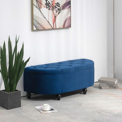 Pouf de rangement coffre 2 en 1 - design classique chic capitonné demi-cercle - pieds bois noir revêtement velours bleu roi