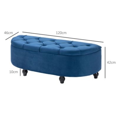 Pouf de rangement coffre 2 en 1 - design classique chic capitonné demi-cercle - pieds bois noir revêtement velours bleu roi