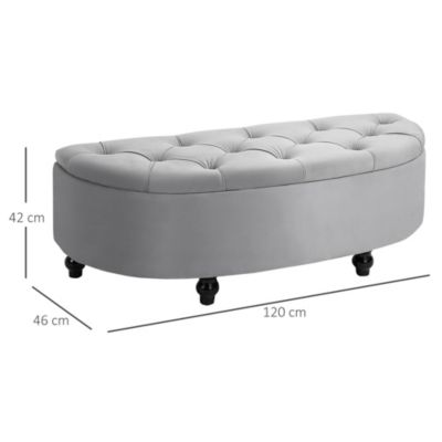 Pouf de rangement coffre 2 en 1 - pouf design classique chic capitonné demi-cercle - pieds bois hévéa noir revêtement velours gris