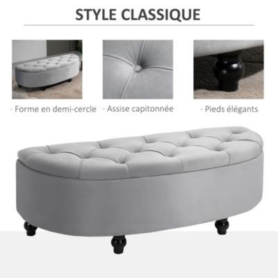 Pouf de rangement coffre 2 en 1 - pouf design classique chic capitonné demi-cercle - pieds bois hévéa noir revêtement velours gris