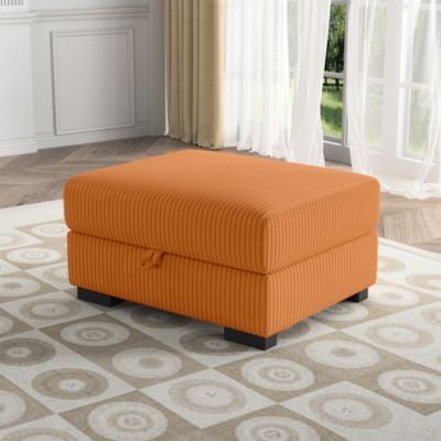 Pouf de rangement en velours côtelé orange, coffre avec espace de stockage intégré