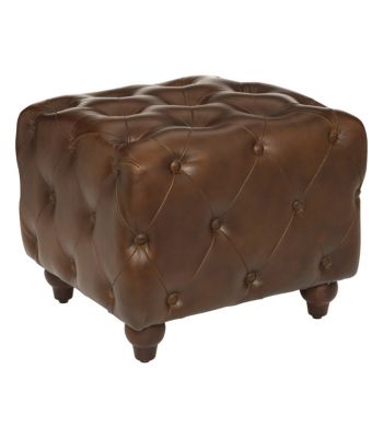 Pouf en bois et cuir marron capitonné 48 x 44 x 40.5 cm