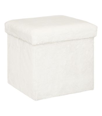 Pouf et Coffre de rangement en bois et Fourrure Blanche 38 x 38 cm