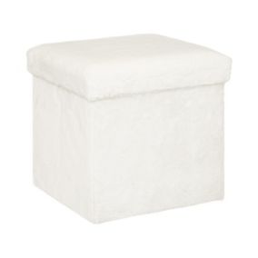 Pouf et Coffre de rangement en bois et Fourrure Blanche 38 x 38 cm