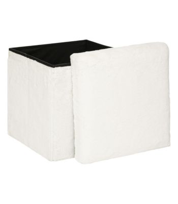 Pouf et Coffre de rangement en bois et Fourrure Blanche 38 x 38 cm