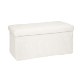 Pouf et Coffre de rangement en bois et Fourrure Blanche 76 x 38 cm