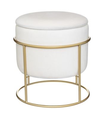 Pouf et Coffre de rangement en Velours Blanc Ivoire et support en métal D 42 x H 44 cm