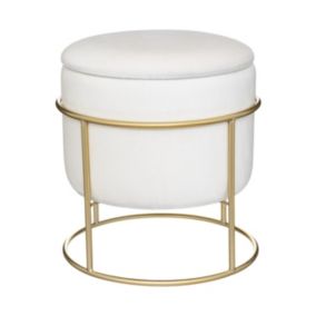 Pouf et Coffre de rangement en Velours Blanc Ivoire et support en métal D 42 x H 44 cm