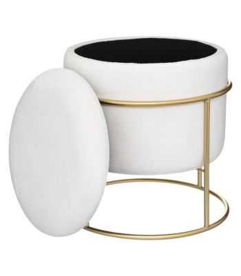 Pouf et Coffre de rangement en Velours Blanc Ivoire et support en métal D 42 x H 44 cm