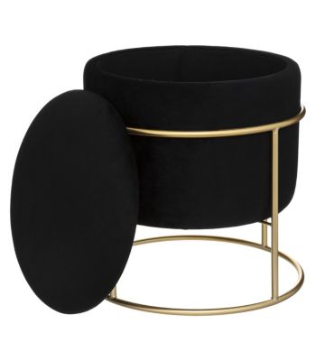 Pouf et Coffre de rangement en Velours Noir et support en métal D 42 x H 44 cm