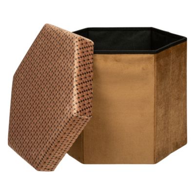 Pouf pliant et Coffre de rangement en velours Marron Caramel avec motifs