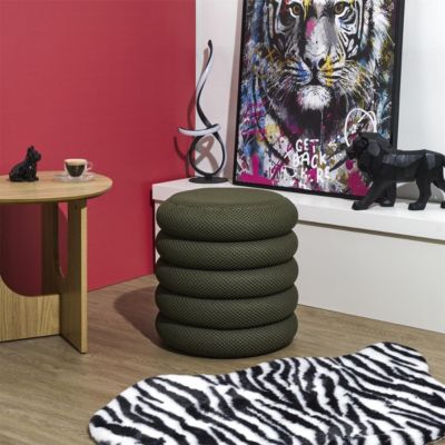 Pouf rangement rond en tissu texturé maille 3D kaki - ELECTRON