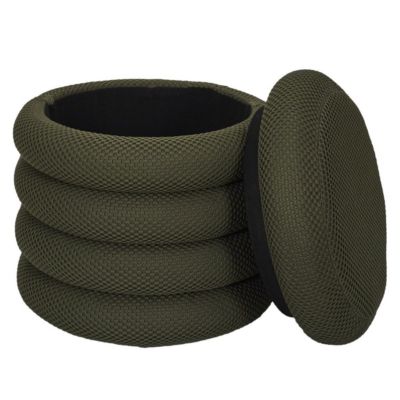 Pouf rangement rond en tissu texturé maille 3D kaki - ELECTRON