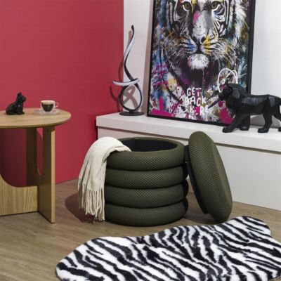 Pouf rangement rond en tissu texturé maille 3D kaki - ELECTRON