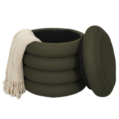 Pouf rangement rond en tissu texturé maille 3D kaki - ELECTRON
