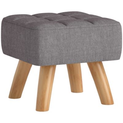 Pouf repose-pieds style nordique piètement bois incliné tissu assise effet capitonné gris