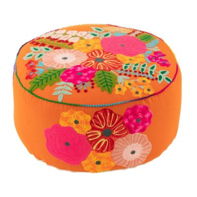 Pouf Rond Déco Brodé "Fleurs" 50cm Orange
