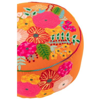 Pouf Rond Déco Brodé "Fleurs" 50cm Orange