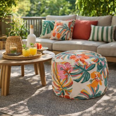 Pouf rond en toile imprimé tropical H. 27 x ∅.48 cm
