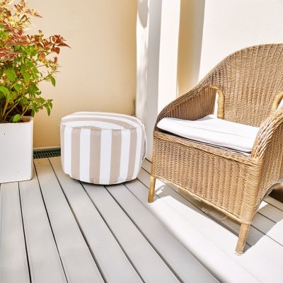 Pouf rond en toile rayures beige taupe H. 27 x ∅.48 cm