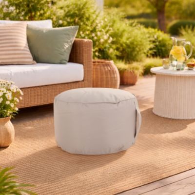 Pouf rond en toile unie beige taupe H. 27 x ∅.48 cm