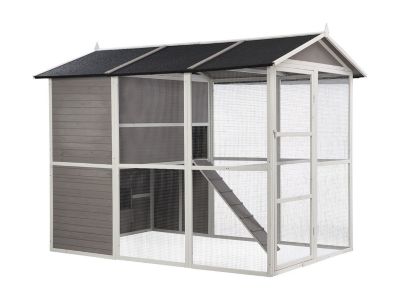 Poulailler en bois avec enclos - 10 poules - L. 266 x P. 174 x H. 205 cm - Blanc et gris - FERAS