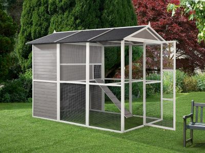 Poulailler en bois avec enclos - 10 poules - L. 266 x P. 174 x H. 205 cm - Blanc et gris - FERAS