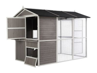 Poulailler en bois avec enclos - 10 poules - L. 266 x P. 174 x H. 205 cm - Blanc et gris - FERAS