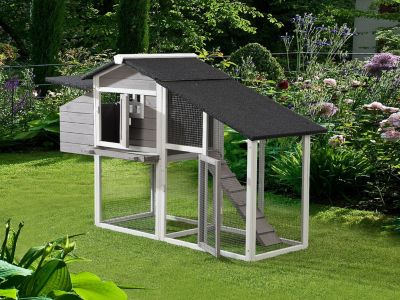 Poulailler en bois avec enclos - 4 poules - L. 173 x P.  64 x H. 108 cm - Blanc et gris - LEVAS
