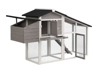 Poulailler en bois avec enclos - 4 poules - L. 173 x P.  64 x H. 108 cm - Blanc et gris - LEVAS