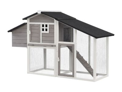 Poulailler en bois avec enclos - 4 poules - L. 173 x P.  64 x H. 108 cm - Blanc et gris - LEVAS