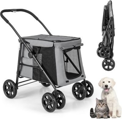 Poussette pour Chien Chat Poussette Pliable à 4 Roues avec Portes Zippées Lucarne Respirante Fenêtres en Maille