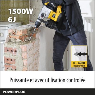 Powerplus Perceuse à Percussion Électrique POWX1195 - 4 en 1 Burinage - Rotation du Burin - Perceuse Filaire de 1500 W - 5 Acc