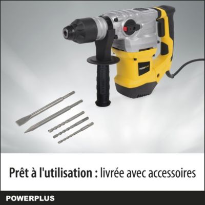 Powerplus Perceuse à Percussion Électrique POWX1195 - 4 en 1 Burinage - Rotation du Burin - Perceuse Filaire de 1500 W - 5 Acc