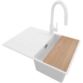 PRIMAGRAN Evier Cuisine Blanc 70x50cm, 1 bac + Kit de Vidage + Robinet 40x22cm + Accessoires, Évier au meuble 40cm - Copenhague