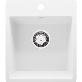PRIMAGRAN Evier Cuisine en Granit 38x44cm, Lavabo + Kit de Vidage, Évier à Encastrer au meuble 40cm - Riga Easy, Blanc