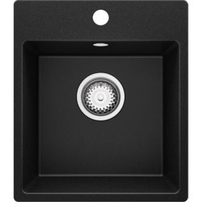 PRIMAGRAN Evier Cuisine en Granit 38x44cm, Lavabo + Kit de Vidage, Évier à Encastrer au meuble 40cm - Riga Easy, Noir